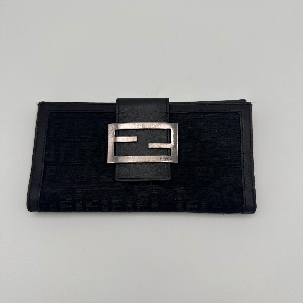 Vintage Fendi Zucchino Baguette Black Bifold Continental Flap Wallet